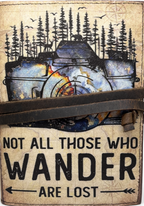 Notebook with nature-themed cover and 'Not All Those Who Wander Are Lost' text on a white background