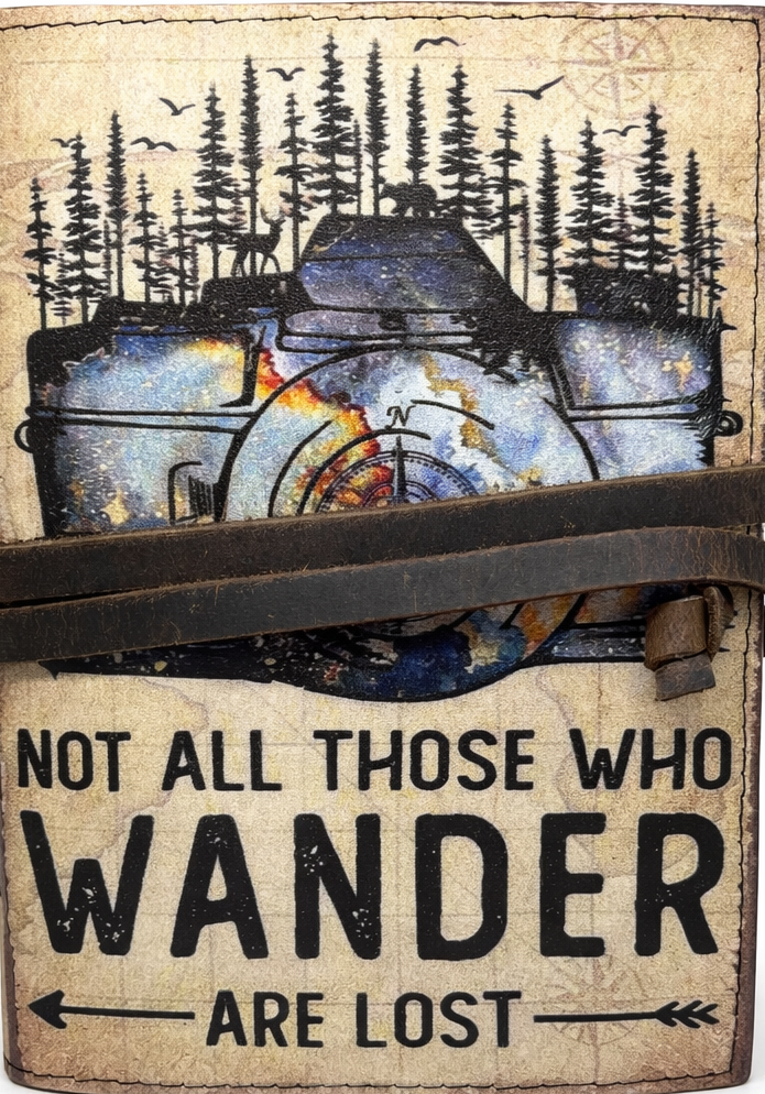 Notebook with nature-themed cover and 'Not All Those Who Wander Are Lost' text on a white background