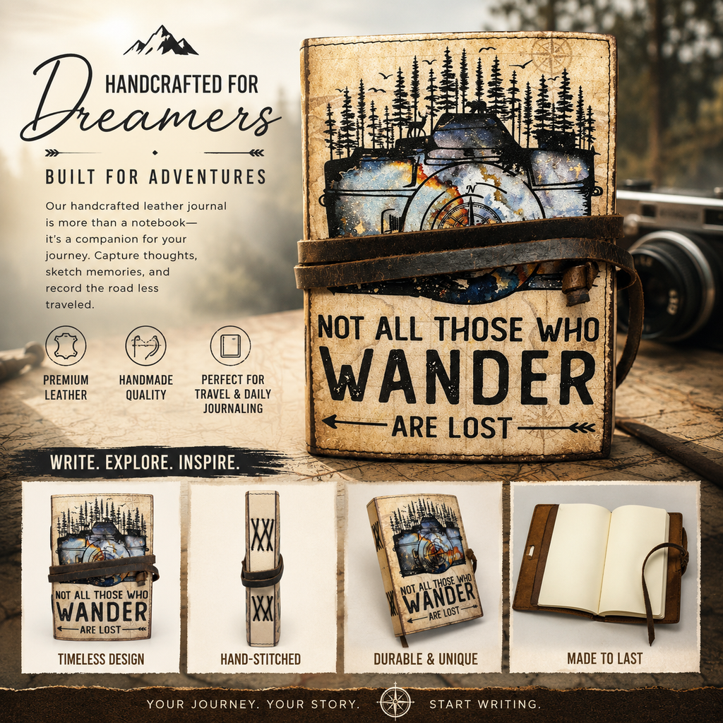 Vintage travel diary with explorer-themed artwork and leather wrap closure