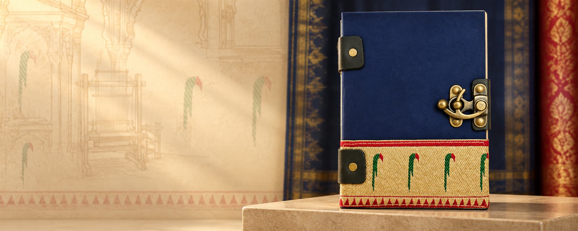A navy blue journal with a brass latch, black corner tabs and a woven gold and red border with parrot motifs, standing on a stone block