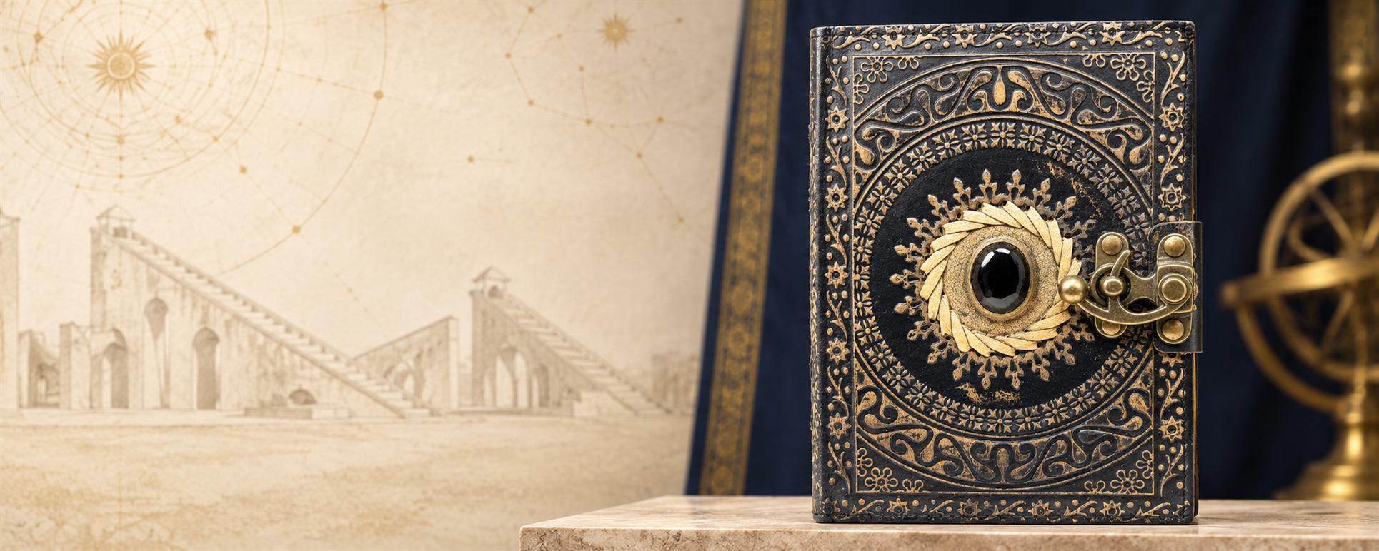 A dark embossed journal with gold-toned patterns, a black stone at the centre and a brass latch, in front of a navy curtain