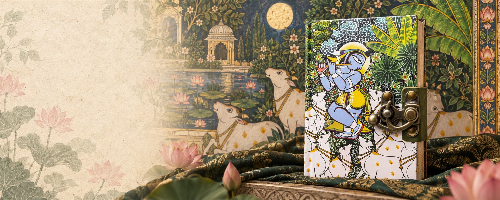 A journal with a painted cover of Krishna playing the flute among cows and foliage, with a brass latch, resting on green brocade beside pink lotus flowers
