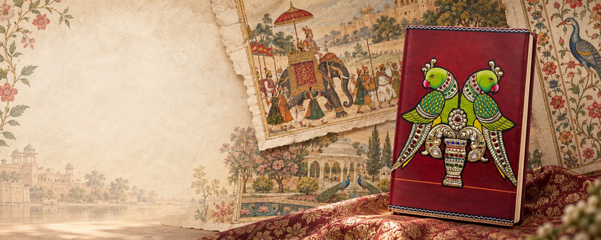 A maroon journal with a hand-painted pair of green parrots on the cover, resting on red brocade in front of Mughal-style paintings
