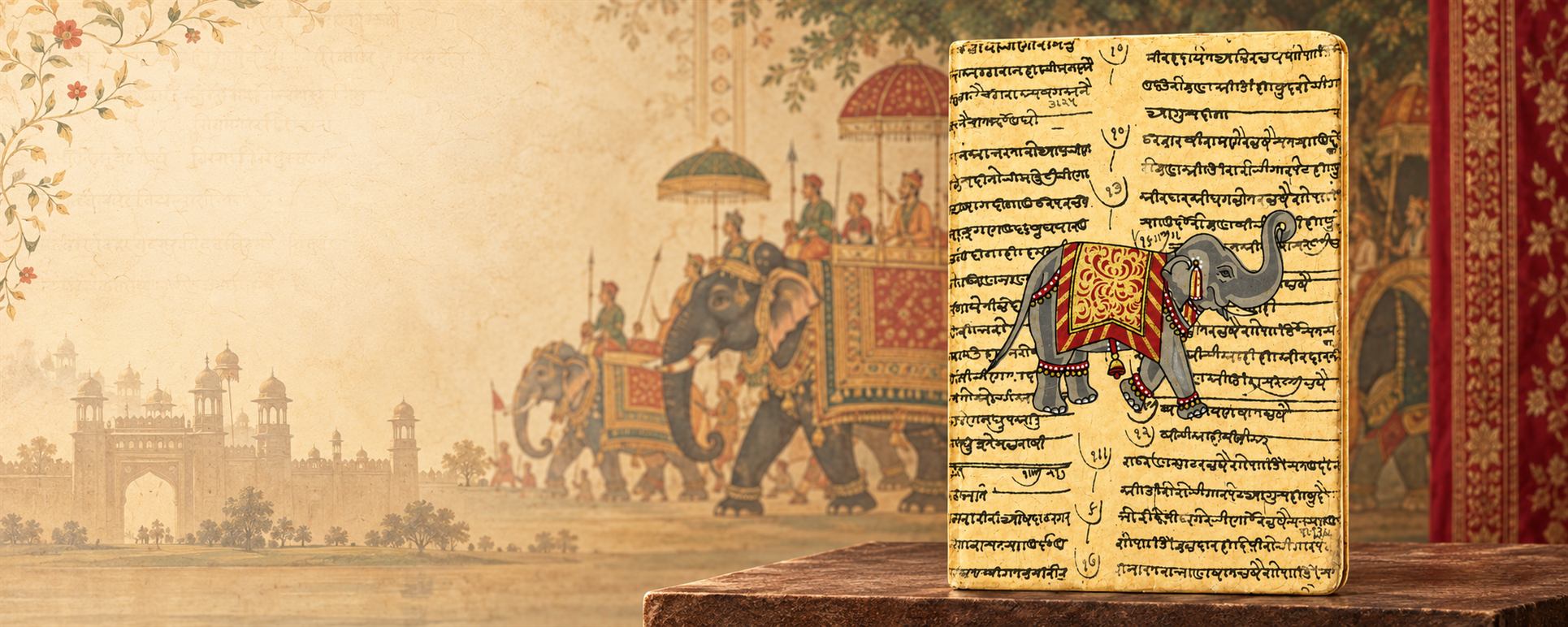 A journal with a manuscript-style cover and a painted grey elephant, standing on a wooden block in front of a procession painting